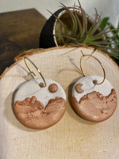 two earrings with white and brown designs on them sitting on a piece of wood next to a potted plant