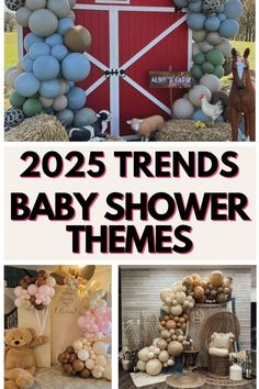 baby shower themes with balloons and farm animals on the top, in front of a red barn