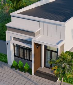 an artist's rendering of a house with a solar panel on the roof and door