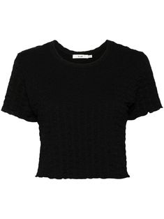 black stretch-design textured finish cropped crew neck short sleeves Fitted Textured Knit Crop Top, Textured Cropped Crop Top For Spring, Textured Cropped Top For Spring, Spring Textured Knit Crew Neck Crop Top, Textured Fitted Cropped Top, Fitted Textured Cropped Top, Trendy Textured Knit Cropped Top, Textured Knit Crew Neck Crop Top, Black Cropped Short Sleeve Top For Summer