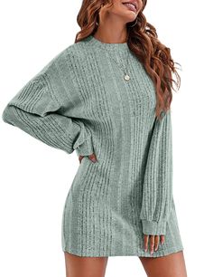 PRICES MAY VARY. 【Warm Ribbed Knit Material】: Ekouaer long sleeve nightgown for women are made of 97% Polyester, 3% Spandex, which is stretchy and soft fabric, so there is no limit to the figure. 【Fashion Features】: The winter cozy night shirts has ribbed knit, long lantern sleeve, round neck, drop shoulder. This warm house dresses hits mid-thigh and offers soft as a quilt feel against your skin, ensuring a cozy and delightful experience during your leisure time. 【Matching】: The knee length slee Knitted Winter Dress, Casual Knit Dress, Chic Sweaters, Sweater Dress Women, Versatile Outfits, Crewneck Dress, Clothing Hacks, Art References, Tee Dress