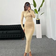 Olivia Mark - Solid Color Bodycon Midi Dress Full Sleeve Maxi Dress, Clothes Girl, Elegant Party Dresses, Retro Mode, Autumn Dress, Khaki Dress, Black Midi, Hip Dress, Elegant Party