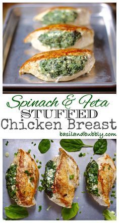 spinach and pea stuffed chicken breast on a baking sheet