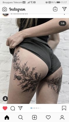 the back of a woman's thigh with flowers tattooed on her leg and an instagram