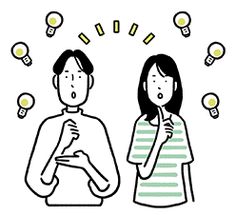 a man and woman standing next to each other with lightbulbs above them