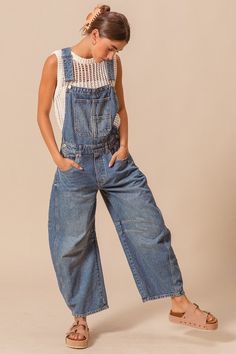 Washed Denim Slochy Pants Overalls Jumpsuit 100% Cotton Barrel Leg Overalls Outfit, Casual Fitted Overall Pants, Casual Fitted Overalls, High Rise Cotton Overalls With Pockets, Casual Denim Overalls, Medium Wash Full Length Overalls For Spring, Dark Wash High Rise Jumpsuits And Rompers With Pockets, Full-length Medium Wash Overalls For Spring, High Rise Medium Wash Jumpsuits And Rompers With Pockets