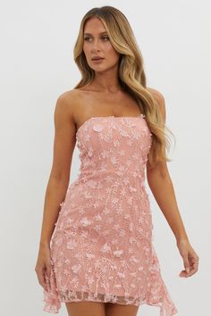 Shop the Lacynda Strapless Embellished Mini Dress Pink | Selfie Leslie Pink Selfie, Embellished Mini Dress, Nude Strappy Heels, Floral Embellishment, Selfie Leslie, Mini Dress Pink, Yellow Bridesmaids, Pics Inspo, Mesh Overlay