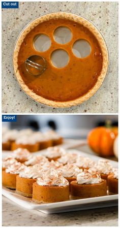 two pictures showing different types of pies and the same one with frosting on them