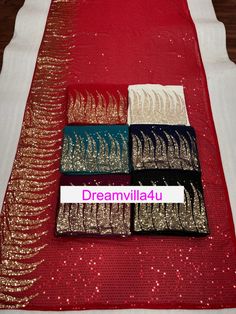 Fabric Details Full Saree Of Heavy quality 60 gram Georgette Heavy Dual Sequins 3MM & 5MM EMBRODERY Sequins Work Saree Embrodery Details 3 MM- 5MM Sequence Work Done On sareee *BLOUSE-SILK* Party Multicolor Saree With Self Design, Celebration Georgette Dupatta With Self Design, Party Red Dupatta With Cutdana Detail, Red Party Dupatta With Cutdana, Red Cutdana Party Dupatta, Celebration Dupatta In Georgette With Self Design, Festival Celebration Saree Set, Party Salwar Kameez With Cutdana For Festivals, Celebration Georgette Choli With Self Design