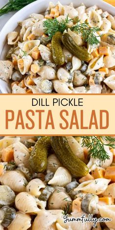 pasta salad with pickles and dill pickle on top in a white bowl