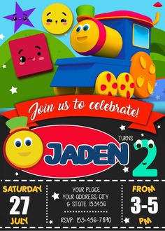 a birthday party flyer with an image of a train and some smiley faces on it