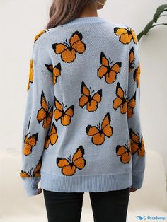 Orcajump - Butterfly Pattern Pullover Sweater, Y2K Long Sleeve Drop Shoulder Sweater, Women's Clothing Casual Orange Winter Sweater, Casual Yellow Crew Neck Cardigan, Casual Orange Acrylic Sweater, Orange Crew Neck Top For Winter, Casual Acrylic Crew Neck Tops, Sweater Y2k, Y2k Long Sleeve, Drop Shoulder Sweater, Sweater Women's