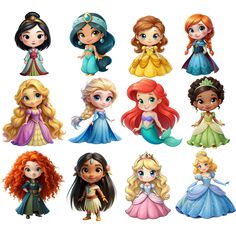 disney princesses with different hair styles and colors, all in their own outfitss