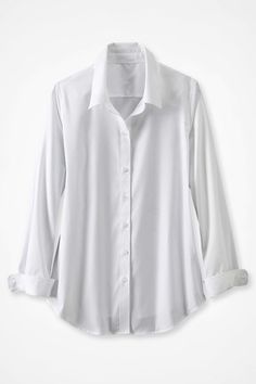 This button-down no-iron shirt is our bestselling favorite in wrinkle-free cotton, perfectly versatile for tucking, layering or wearing solo. Reinforced placket, curved hem. Imported. Weekend Sweater, Iron Shirt, White Button Down Shirt, Boyfriend Shirt, Petite Size, Shirt White, White Long Sleeve, Shirt Top, Vintage Tops