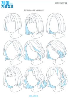 an anime character's head with different hairs styles and hair colors, all drawn in blue