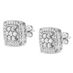 Treat yourself to these elaborate .925 sterling silver miligrain studs. The outer layer of these square earrings are set with silver beads that outline a center design set with 7 sparkling, round-cut diamonds. These gorgeous studs have a total diamond weight of 1/2 cttw and will dress up any outfit in your closet. Sterling Silver Rectangular Earrings With Diamond Accents, Rectangular Sterling Silver Earrings With Diamond Accents, Silver Rectangular Diamond Earrings, Rectangular Diamond Earrings In Silver, Rectangular Diamond White Earrings With Diamond Accents, Silver Diamond Earrings In Rectangular Shape, White Gold Rectangular Diamond Earrings, White Gold Square Cut Earrings With Diamond Accents, Silver Diamond Rectangular Earrings