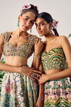 Multi color kalidar lehenga with all over Tropical bloom print and multi toned crystal, beads, sequins, pearl, cutdana highlights. Paired with an off shoulder corset style blouse with sequin bloom fern embroidery. - Aza Fashions Fitted Lehenga With Motifs For Party, Fitted Party Lehenga With Motifs, Fitted Hand Embellished Sets For Navratri, Fitted Hand Embellished Tops For Wedding, Fitted Lehenga With Motifs, Multicolor Hand Embellished Choli For Reception, Fitted Hand Embellished Sharara For Navratri, Fitted Hand Embellished Sets For Festivals, Hand Embellished Fitted Sets For Festivals