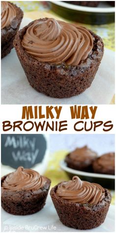 there are three pictures of brownie cups with frosting on them