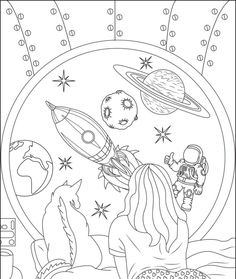 the girl is looking at planets and stars in her space shuttle coloring page for kids