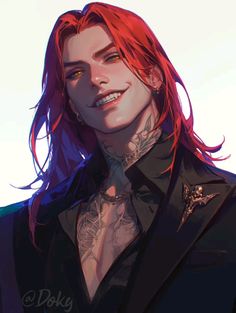 a woman with red hair and piercings on her chest, wearing a black suit