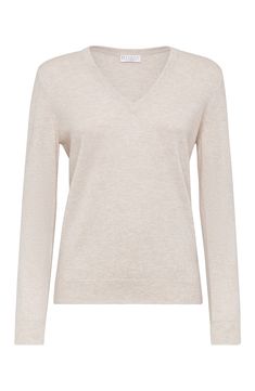 The noble cashmere fiber is characterized by an extreme fineness and also for its precious insulating qualities which guarantee warmth, providing coverage and lightness when worn. V-neck Regular sleeve Plain stitch Nickel-free monili decoration Elegant Cream V-neck Sweater, Elegant Long Sleeve Fine Knit V-neck Sweater, Elegant Long Sleeve Merino Wool V-neck Sweater, Elegant Merino Wool V-neck Sweater For Layering, Luxury Beige Long Sleeve Tops, Luxury Long Sleeve Beige Top, Beige Fine Knit Cashmere Sweater, Fine Knit Beige Cashmere Sweater, Elegant Cream Cashmere Sweater