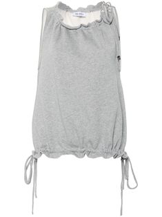 heather grey cotton jersey texture asymmetric drawstring neck sleeveless drawstring hem fleece lining Sporty Sleeveless Top For Loungewear, Sleeveless Tops With Drawstring Tie, Sleeveless Top With Drawstring Hood For Spring, Sporty Tops With Drawstring Hood For Spring, Sleeveless Cotton Top With Drawstring Hood, Sleeveless Drawstring Tops For Loungewear, Casual Summer Top With Drawstring Hood, Casual Summer Hooded Top With Drawstring, Sporty Heather Grey Top With Drawstring Hood