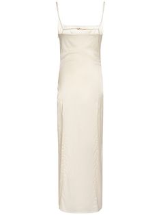 Find JACQUEMUS La Robe Notte Satin Midi Dress on Editorialist. The La Robe Notte Satin Midi Dress features fixed straps and a logo detail. It has a front off-center split at the hem. The dress is midi length. Beige Silk Bias Cut Dress, Beige Silk Slip Dress For Formal Occasions, Elegant Beige Maxi Slip Dress, Formal Beige Silk Slip Dress, Elegant Beige Maxi Dress With Straight Neckline, Elegant Beige Maxi Length Slip Dress, Chic Cream Bias Cut Maxi Dress, Chic White Floor-length Slip Dress, Silk Wedding Dress With Side Slits