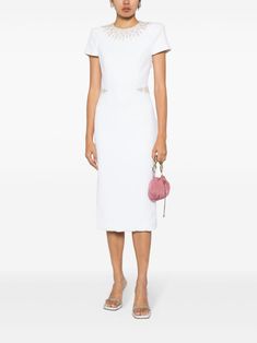 Jenny Packham Ines Beaded Midi Dress - Farfetch Elegant Short Sleeve Embellished Midi Dress, Embellished Short Sleeve Midi Dress For Wedding, Formal White Embellished Midi Dress, White Embellished Short Sleeve Dresses, White Short Sleeve Midi Dress For Formal Occasions, White Short Sleeve Formal Midi Dress, White Embellished Dress For Work, White Embellished Workwear Dress, White Embellished Midi Dress