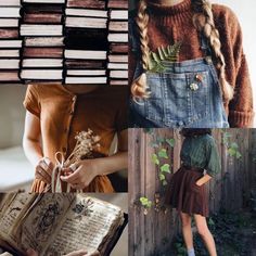 the collage shows two women in different outfits, one is holding an open book