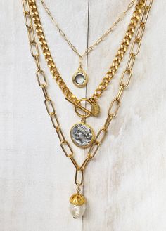 Gold Taylor chain necklace for women 15.5" long – Gaby Ray Chain Necklace With Coin Pendant For Layering, Gold Coin Pendant Necklace For Layering, Gold-tone Medallion Coin Necklace, Gold Layered Necklace With Coin Pendant, Gold Chain Necklace With Coin Pendant For Layering, Gold-tone Metal Medallion Necklace With Coin Pendant, Silver Necklace With Coin Pendant For Layering, Silver Coin Necklace For Layering, Silver Coin Pendant Necklace For Layering