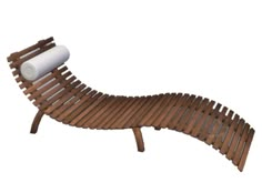 a wooden chaise lounger with rolled up paper on it