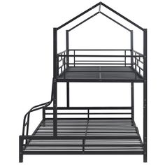 a black metal bunk bed with two levels and a ladder on the bottom level, against a white background