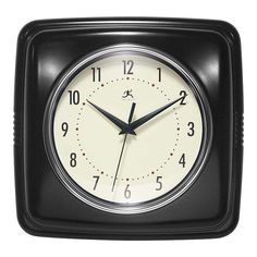 a black square clock with white numbers on the face