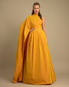 Gemy Maalouf, Mustard Dress, Dresses For Ladies, Elegant Ball Gowns, Asymmetrical Cut, Mustard Dressing, Green Dresses, Cape Dress, Elegant Dresses Long