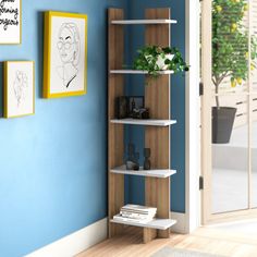 a book shelf in the corner of a room with blue walls and pictures on the wall