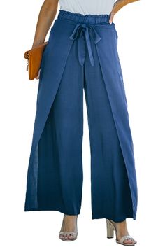 Blue Wrap Wide Leg Pants with Tie Versatile Blue Wide Leg Pants With Pockets, Versatile Blue Pants With Pockets, Blue Solid Color Cotton Bottoms, Blue Ankle-length Wide Leg Vacation Pants, Blue Ankle-length Wide Leg Pants For Vacation, Blue Cotton Solid Color Pants, Blue Ankle-length Solid Color Bottoms, Solid Blue Cotton Pants, Blue Solid Color Cotton Pants