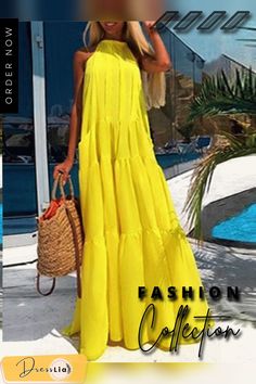 Solid Color Sleeveless O-neck Casual Dress for Women Everyday Dresses Casual, Paris Chic, Fashion Styling, Pleated Maxi Dress, Tiered Maxi Dress, Mode Inspo, Polyester Dress, Maxi Dresses Casual, Street Chic