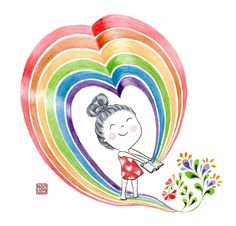 a drawing of a girl holding a rainbow heart