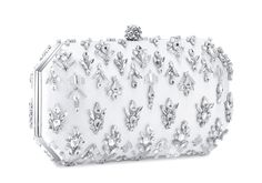 Perry Clutch in White Diamonds Satin | Over The Moon Designer White Evening Bag For Gift, Designer White Evening Bag As Gift, Designer White Rectangular Evening Bag, Luxury White Embellished Bags, Luxury Embellished White Bags, Luxury White Embellished Bag, Designer White Evening Clutch, Luxury Embellished Evening Bag For Events, Luxury White Party Bag