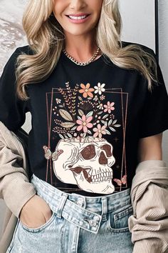 Floral Skull Graphic T Shirts Unisex 100%COTTON HEATHER(52%COTTON,48%POLY) ATH.HEATHER,BLACK HEATHER(90%COTTON,10%POLY) Imported Casual T-shirt With Skull Graphic Print, Trendy Skull Shaped Tops For Fall, Trendy Spring Skull Print Top, Trendy Skull Print Top For Spring, Casual Skull Print Top For Fall, Casual Skull Print Crew Neck T-shirt, Casual Crew Neck T-shirt With Skull Print, Spring Skull Print Short Sleeve T-shirt, Spring Skull Print Graphic Tee