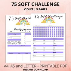 an image of a printable planner with the text 75 soft challenge violett 19 pages