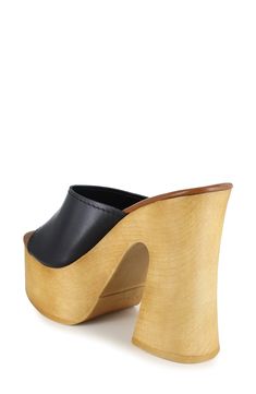 A woodgrain platform and soaring block heel lend scene-stealing height and retro-cool appeal to a slide sandal that will elevate your trendsetting looks. 4" heel; 2" platform Leather upper and lining/synthetic sole Made in Spain Chic Clogs With 4-inch Block Heel, Modern Platform Slippers With Stacked Heel, Modern Platform Slippers With Stacked High Heel, Spring High Heel Platform Slippers With Wooden Heel, Spring Platform Slippers With Wooden High Heel, Leather Open Toe Clogs With Contrasting Heel, Modern Black Clogs With Sculpted Heel, Chic Wedge Heel Clogs With Padded Heel, Brown Open Toe Clogs With Sculpted Heel