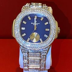 Brand New 1000% Authentic With Box Men’s Charles&Raymond 14k White Gold Plated Fully Iced Lab Diamond Watch Just Try Once And You Will Definitely Come Again To Get More Stuff Blue Diamond Watch For Anniversary, Blue Diamond Watch With Diamond Hour Markers For Anniversary, Formal Blue Diamond Watch With Subdials, Blue Diamond Watches For Formal Occasions, Formal Blue Diamond Watches, Stone Rings For Men, Bulova Mens Watches, Vintage Gold Watch, Timex Indiglo