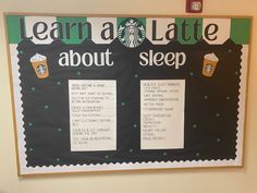 Latte sleep Unit Council Nursing Board, School Nurse Bulletin Board High School, Medical Office Bulletin Board Ideas, Elementary Nurse Office, School Nurse Decorations, Nurse Decorations, School Nurse Elementary, Office Bulletin Board Ideas