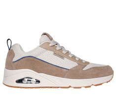 Sporty refined style meets comfort in the Skechers Street Uno - Stacre 2.0. This lace-up sneaker features a suede and duraleather upper with a Skechers Air-Cooled Memory Foam insole and Skech-Air visible airbag midsole. | Skechers Men's Uno - Stacre 2.0 Sneaker | Medium Width | Skechers Air-Cooled Memory Foam comfort insole | Skech-Air visible airbag midsole | Suede and synthetic duraleather upper | Lace-up fashion sneaker design | Flexible traction outsole | 1 1/2-inch heel height | Skechers Sneaker Design, Refined Style, 2 Inch Heels, Skechers Shoes, Designer Sneakers, Mens Shoes Sneakers, Sneakers Fashion, New Product, Memory Foam