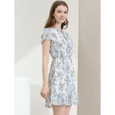 A casual, cute look is made easily with this mini dress in a flattering elastic-waist design with flowy ruffled sleeves. This pretty chiffon dress is designed with double-layered ruffle sleeves and a-line skirt, with cute floral prints throughout and a playful ruffled hem. Perfect for shopping and casual occasions. Pair it with sandals, heels, or pretty accessories for a perfect look on spring days. Casual Dresses With Flutter Sleeve And Ruffle Hem, Casual Ruffle Sleeve Day Dresses, Casual Chiffon Flutter Sleeve Dress, Casual Chiffon Dress With Flutter Sleeves, Casual Mini Dress With Ruffle Hem And Flutter Sleeves, Casual Chiffon Mini Dress With Short Sleeves, Casual Mini Dress With Short Sleeves And Ruffle Hem, Casual Short Sleeve Chiffon Mini Dress, Chiffon Mini Dress With Ruffle Hem And Short Sleeves