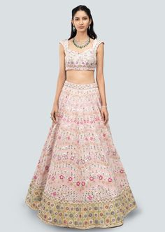 Baby pink embellished heavy kali plastic mirror work raw silk lehenga with broad border lehenga, sleeveless blouse and cutwork border dupatta. Pink Sleeveless Lehenga With Resham Embroidery, Sleeveless Pink Lehenga With Resham Embroidery, Pink Sleeveless Choli With Resham Embroidery, Sleeveless Pink Choli With Resham Embroidery, Pink Sleeveless Resham Embroidery Choli, Pink Chanderi Dress With Mirror Work, Pink Sleeveless Lehenga For Navratri, Pink Sleeveless Embellished Choli, Sleeveless Embellished Pink Choli