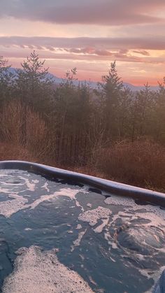 an outdoor hot tub with trees in the background