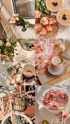 the collage shows pink flowers, coffee cups and other things in different pictures with words above them