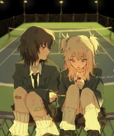 two anime characters sitting on a bench in front of a tennis court with their hands together